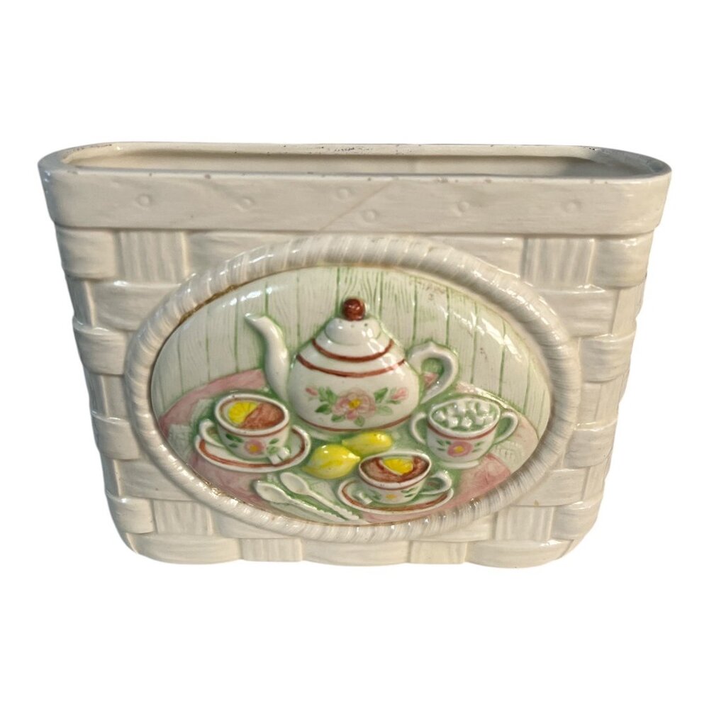 Vintage Cut Out Ceramic Tea Basket Planter Cottage Tea Party Motif 1960s